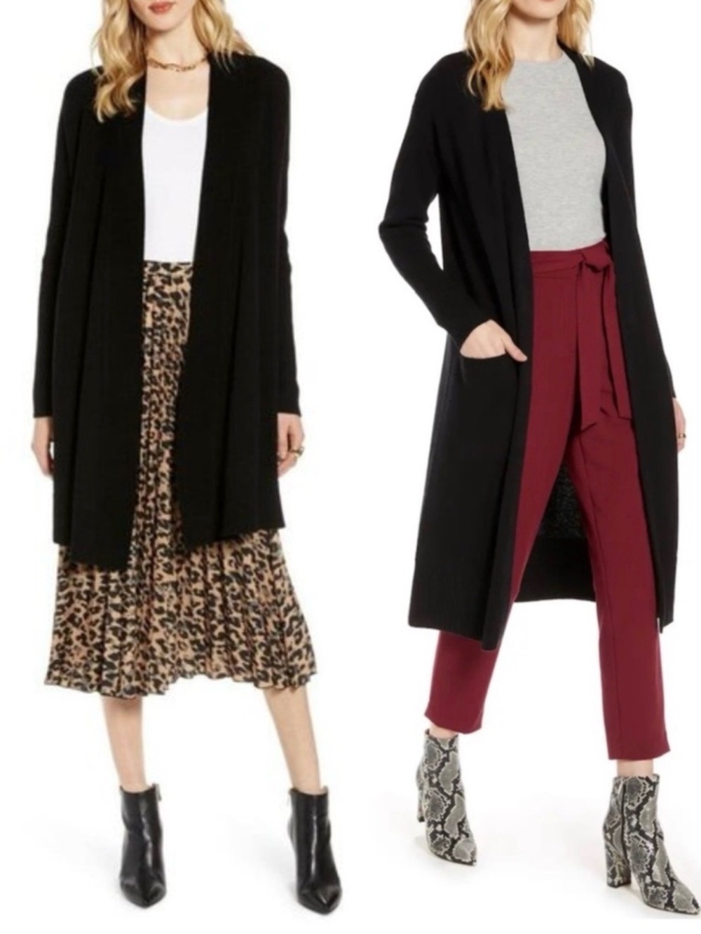 Halogen Nordstrom Black Long Sleeve Open Front Duster Cardigan Cashmere Blend